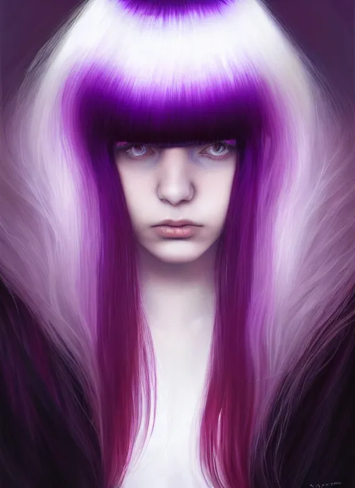 Image similar to hair whitebangs hair, black hair, whitebangs, portrait of teenage girl with white bangs, red irises, purple clothes, white bangs, bangs are different color from hair, intricate, elegant, glowing lights, highly detailed, digital painting, artstation, concept art, smooth, sharp focus, illustration, art by wlop, mars ravelo and greg rutkowski