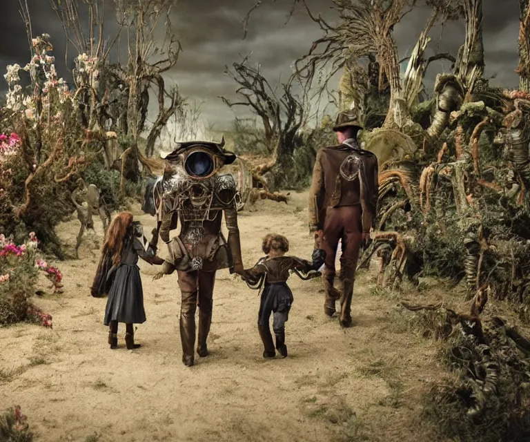 Prompt: 35mm still from a sci fi blockbuster movie made in 2022, set in 1860, of a family riding on the back of alien creatures, on an alien planet, across the alien landscape that is full of strange wild alien plants and flowers, family are wearing 1850s era clothes, steampunk, good lighting, 8k, in focus faces, good quality photography, oscar winner