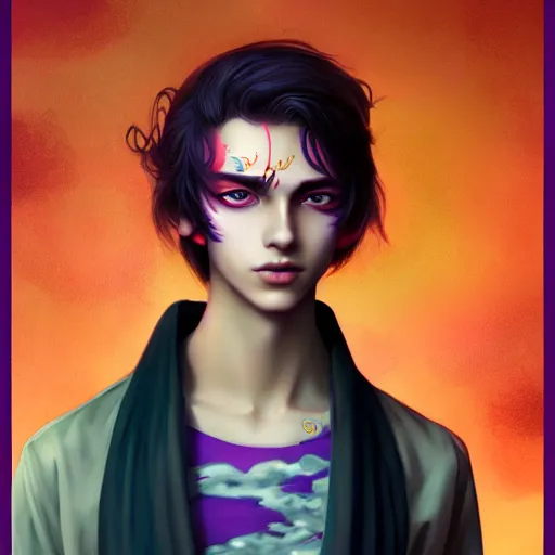 Image similar to colorful and Festive Captivating teenager boy with straight indigo hair, purple eyes with red eye markers, slim body, wearing a detailed Japanese kimono with golden details, atmospheric lighting, painted, intricate, 4k, highly detailed by Charlie Bowater