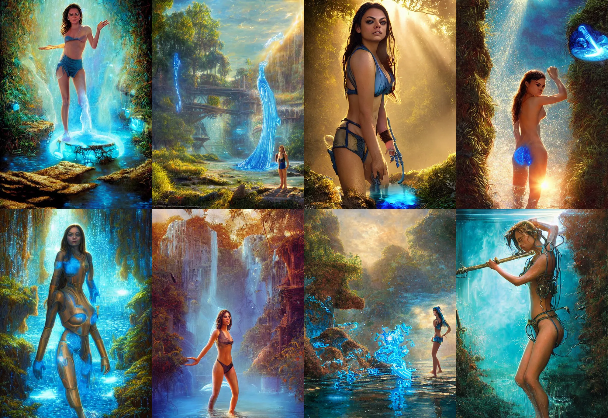 Image similar to mila kunis as a robot wading through blue glowing water, 2 0 0 mm focal length, epic vista of old ruins, golden hour sun - rays, firefly wisps, steve hanks, charlie bowater, steve henderson, justin gerard, mark keathley, victor nizovtsev, ross tran, wlop, hajime sorayama