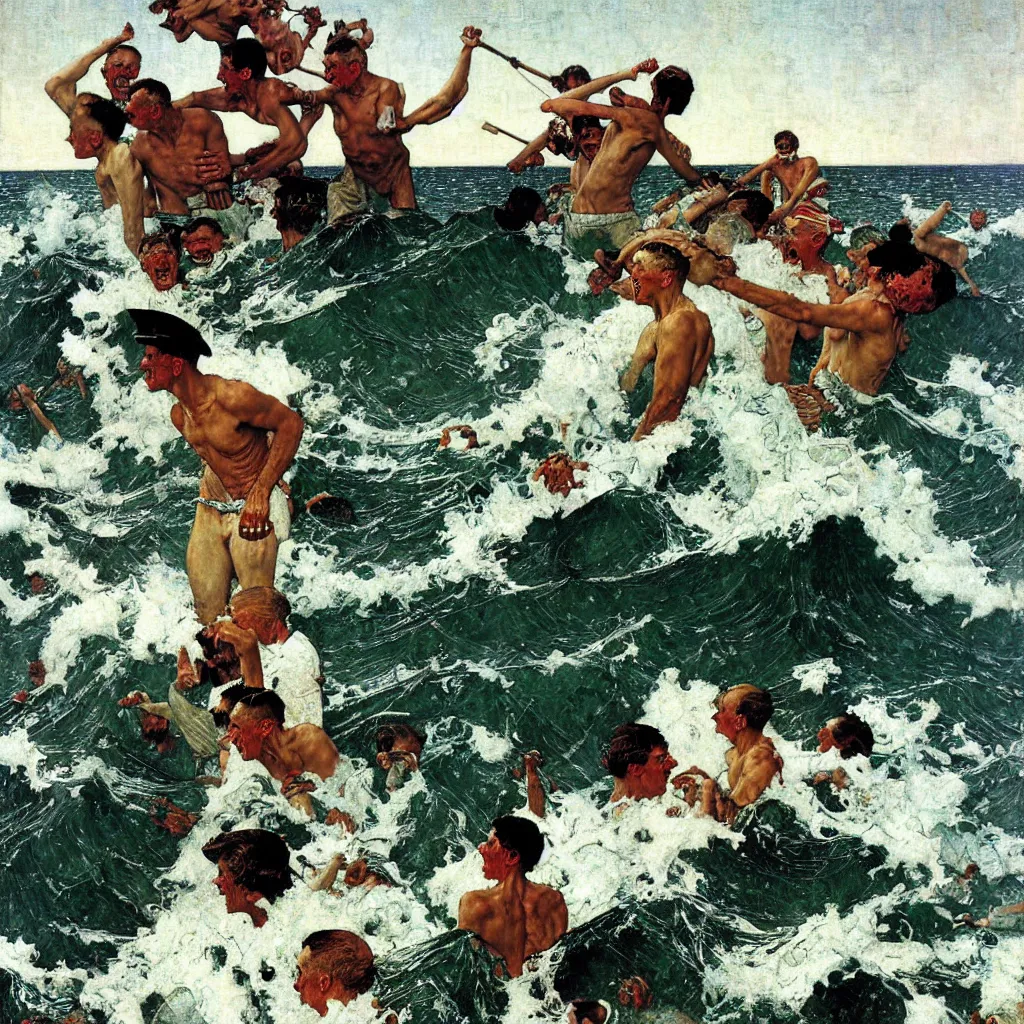 Prompt: the pandemonium of the sea becomes the man, oil on canvas, by norman rockwell