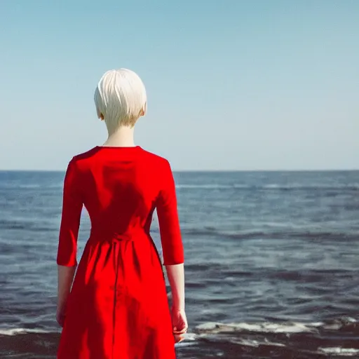 Prompt: white - haired girl in red dress standing by the sea, anime