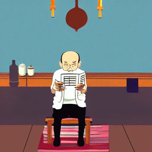 Image similar to old balding japanese man with white shirt, sitting on a chair and reading newspaper while looking at the ceiling of his room by studio ghibli, fujita goro, atey ghailan, tom whalen, jean giraud