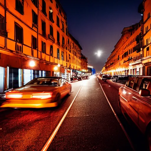 Image similar to long exposure of the cars in genoa at night. genova. street. night. neon lines. cars. nostalgic.