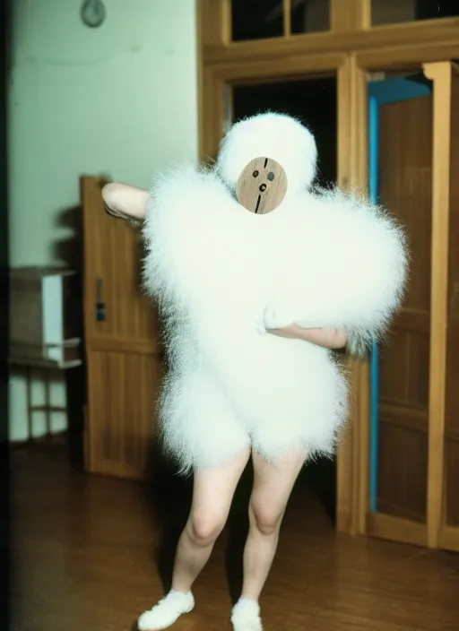 Image similar to realistic photo portrait of the person, white carnival fluffy mask no eyes no mouth, wearing hairy fluffy cotton shorts, dancing in the spacious wooden polished and fancy expensive wooden laboratory hall interior 1 9 9 0, life magazine reportage photo