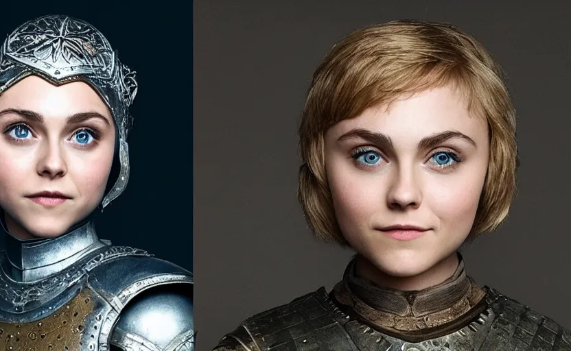 Prompt: annasophia robb as joan of arc, bowl haircut, game of thrones