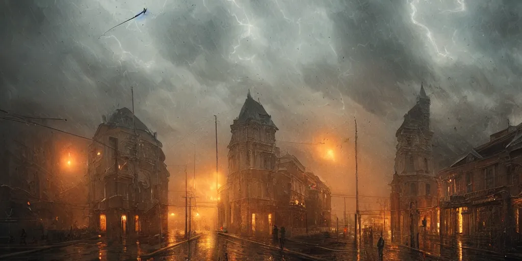 Prompt: photograph of severe weather storms across Europe, architecture, detailed face, highly detailed, cinematic lighting, urban art style, climate change, digital art painting by greg rutkowski, cinematic, concept art, 35mm grain filter