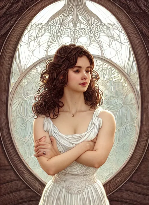 Prompt: full body portrait of a woman posing, short wavy hair, round face, intricate white dress, cottagecore!!, inside water, intricate, enlightened, highly detailed, digital painting, artstation, concept art, smooth, sharp focus, illustration, art by artgerm and greg rutkowski and alphonse mucha
