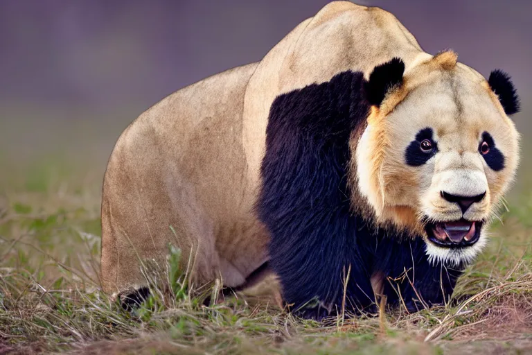 Image similar to a lion panda!!! hybrid! hyper realistic!! realistic lighting!! wildlife photographer of the year!!! bold natural colors, national geographic, hd, wide angle, 8 k