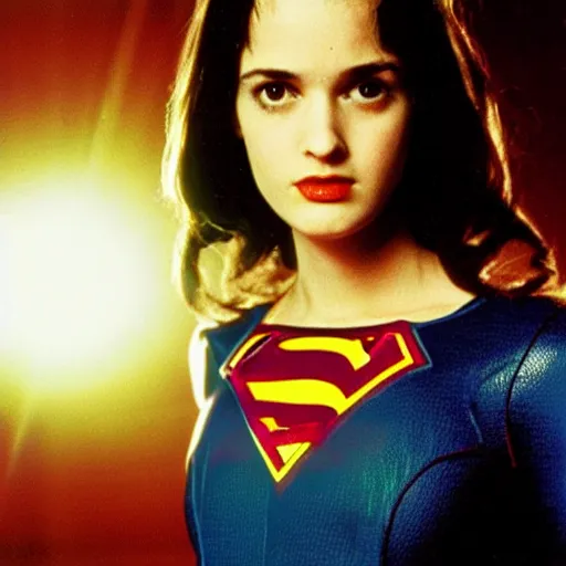 Image similar to Young Winona Ryder as Super Girl, 30mm, studio lighting, photo shoot, movie still