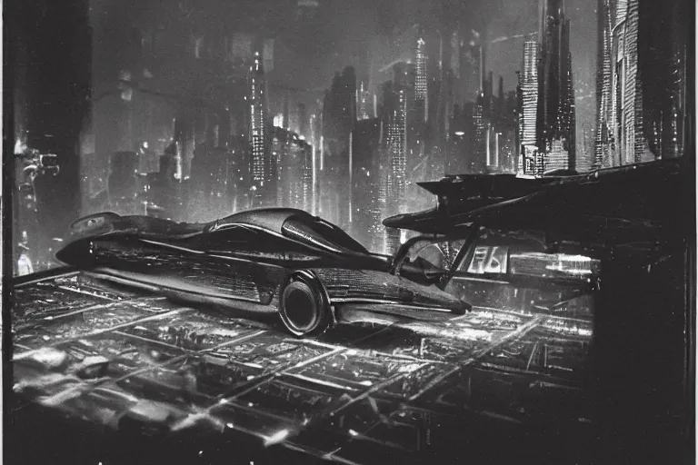 Image similar to cyberpunk 1 9 2 6 bugatti type 3 5 by paul lehr, metropolis, view over city, vintage film photo, damaged photo, scratched photo, scanned in, old photobook, silent movie, black and white photo