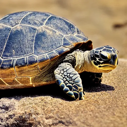 Image similar to a turtle on a rock looking at the sea, macro 8mm photo, the camera is behind the turtle