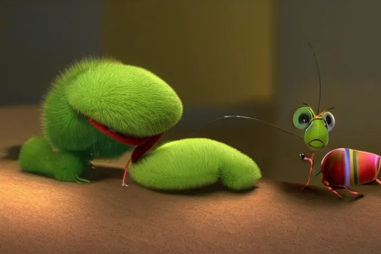 Image similar to disney pixar's a bug's life, cgi caterpillar colorful, furry caterpillar