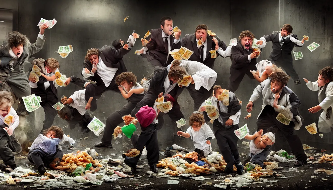 Image similar to disheveled children in rags and obese men in suits fighting in a squalid subway over piles half eaten fast food and money, hyper realistic photo, full colour, upscale, 8 k, masterpiece,