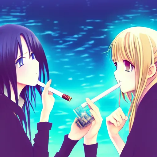 Image similar to two beautiful lesbian girls in love, smoking from a weed bong, sitting in front of a lake, in the style of anime, close - up, highly detailed face, 4 k, artstation, intricate, elegant, highly detailed, lush, stylized, japanese, smooth