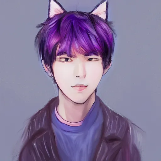 Image similar to Portrait art of a young man with purple hair and cat ears by shinji aramaki