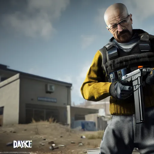 Image similar to walter white holding a machine gun in rainbow six siege, 4 k, highly detailed