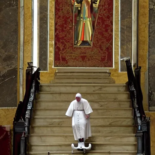 Image similar to the pope on a pogo stick going down marble staircase