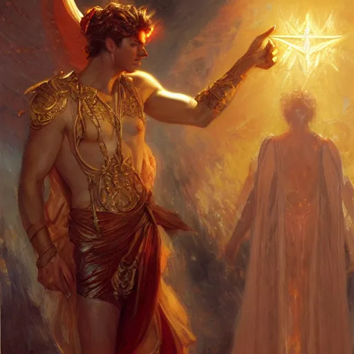 Image similar to attractive male deity casts light spell, summons attractive male lucifer morningstar. highly detailed painting by gaston bussiere, craig mullins, j. c. leyendecker 8 k