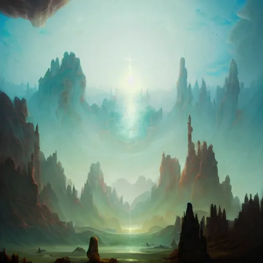 Prompt: A Surreal Landscape by Peter Mohrbacher and Caspar David Friedrich