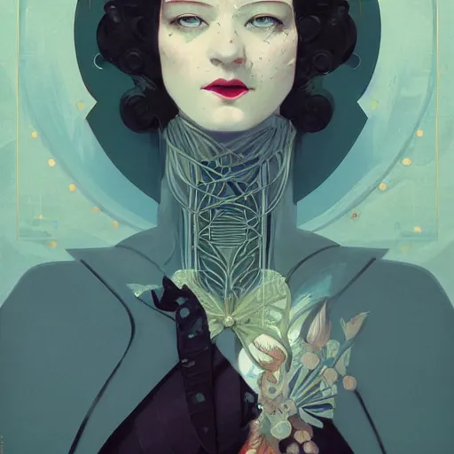 Prompt: portrait of a victorian era duke, beauty sexy girl, royal style, elite, gold, art deco, symmetry, stylized illustration by peter mohrbacher, moebius, victo ngai, vivid colorful comics style, clean line, diesel punk