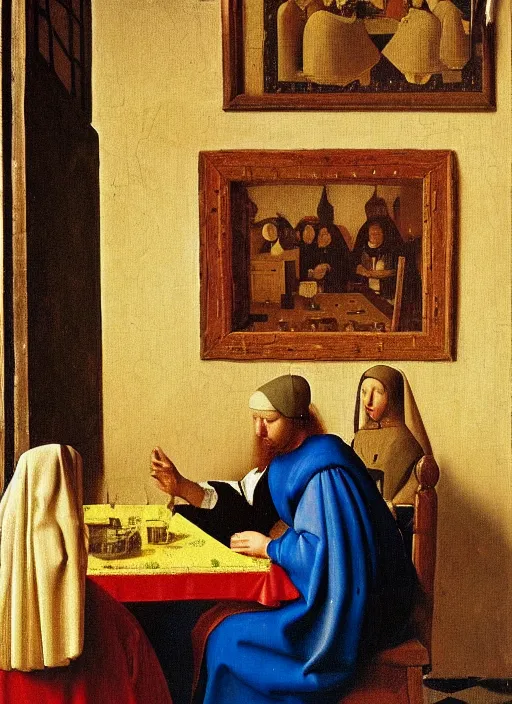 Image similar to Young man sitting at the table with young pretty blonde girl at the crowded inn. Medieval painting by Jan van Eyck, Johannes Vermeer, Florence