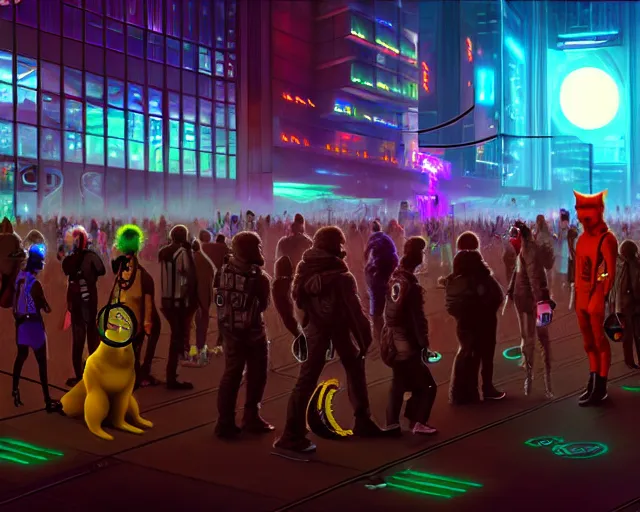 Image similar to high - resolution photograph from a cyberpunk era furry fandom convention ( midwest furfest 2 0 4 7 ), taking place after the genetic revolution and singularity. photorealistic.