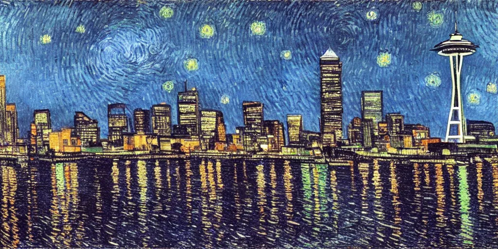 Image similar to downtown Seattle at night, with Space Needle, by VanGogh, detailed