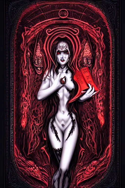 Prompt: illustration of demoness with a book of necronomicon, symmetrical, cinematic, sharp focus, 4 k, ultra hd, sense of awe, sinister demonic atmosphere, dreadful, forbidden knowledge, old gods. demonology journal cover