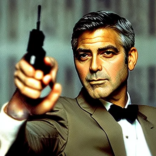 Prompt: George Clooney as James Bond, with pistol, cinematic photograph, dramatic background