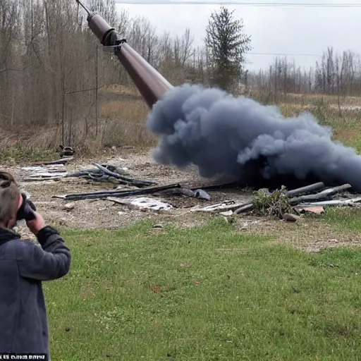 Image similar to on the territory of the Russian village house in Russia there is a large funnel after a missile strike near which a crowd of people gathered and takes pictures of it