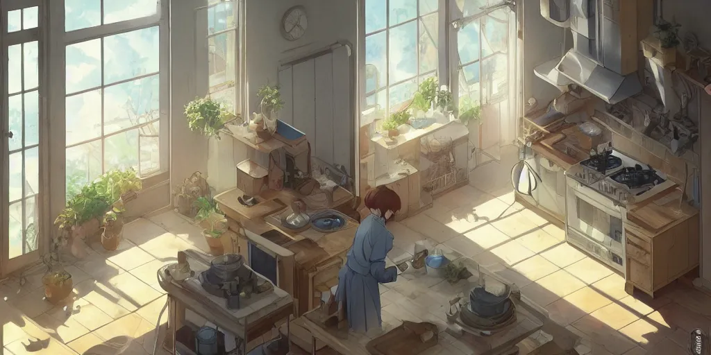 Image similar to interior design art, isometric, bright window lit kitchen, morning, steaming food on the stove, wooden floors, houseplants, ghosts, cottage decor, anime, trending on pixiv fanbox, painted by greg rutkowski makoto shinkai takashi takeuchi studio ghibli, akihiko yoshida