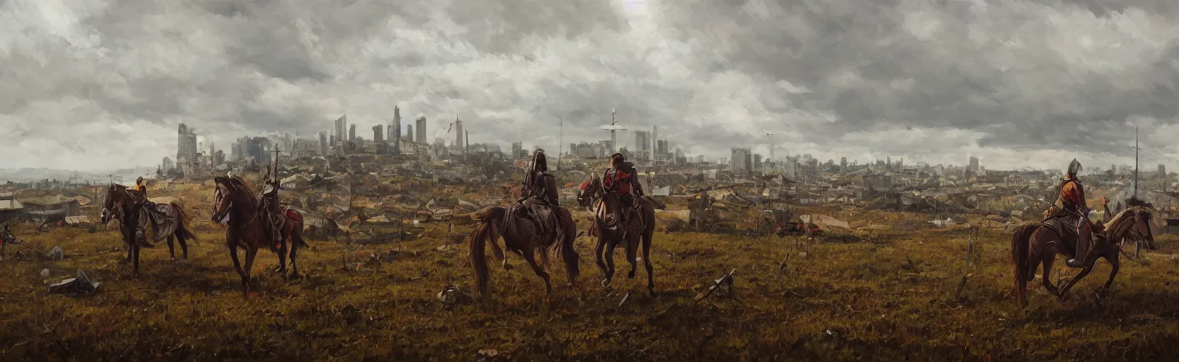 Image similar to horseback knights at scenic overlook; cloudy, grey skies, tent camp in foreground, fortress city of deteriorating office buildings in background upon hill, post apocalyptic, grungy; oil on canvas, artstation