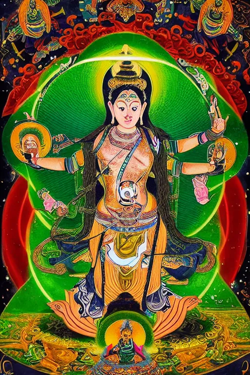 Image similar to A very Beautiful Green Tara portrait, a geometric figure representing the universe in tibet and Buddhist symbolism, Shine in of the Mandala background by H. R. Giger,portrait,ཐང་ཀ་,ཛཾ་བྷ་ལ།,symmetrical, 8k resolution, photorealistic, high detail ,Unreal Engine, Trending on artbreeder. Green color scheme