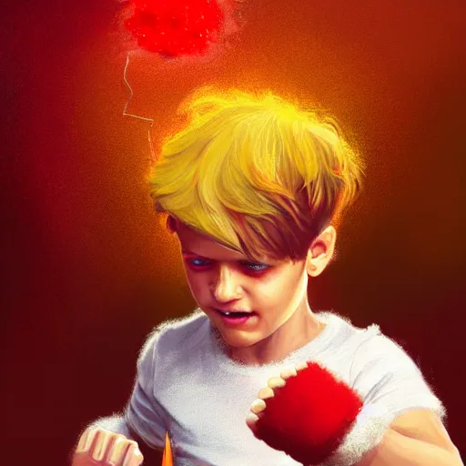 Image similar to colorful and festive captivating young child boy, brown fluffy hair, wearing red and yellow clothes, shooting a fire ball out of his fist. full body, rich vivid colors, ambient lighting, dynamic lighting, 4 k, atmospheric lighting, painted, intricate, highly detailed by charlie bowater
