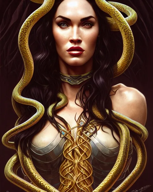 Prompt: portrait of megan fox as medusa gorgo, many snake hair, serpent hair, greek mythology, intricate, headshot, highly detailed, digital painting, artstation, concept art, sharp focus, cinematic lighting, illustration, art by artgerm and greg rutkowski, alphonse mucha, cgsociety