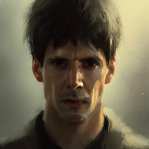 Image similar to portrait of a man by greg rutkowski, he is about 3 0 years old, short black hair with bangs, scared and incredulous, very tall and slender, he is wearing futuristic space gear, highly detailed portrait, digital painting, artstation, concept art, smooth, sharp foccus ilustration, artstation hq