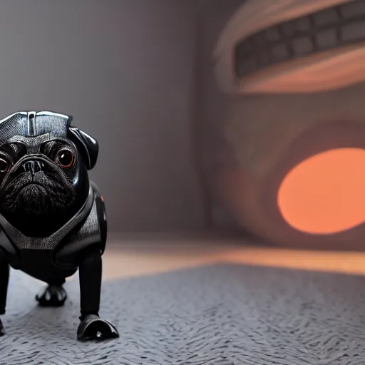 Image similar to 3 d rendered hyper realistic hyper detailed black pug droid wearing a pug - shaped darth vader helmet, octane render, blender, 8 k