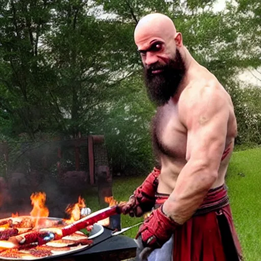 Image similar to kratos at a backyard barbecue