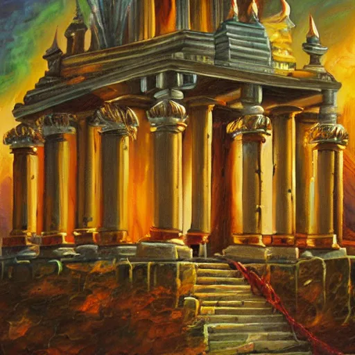 Prompt: a beautiful, detailed, and realistic oil painting of the Temple of Solomon in flames