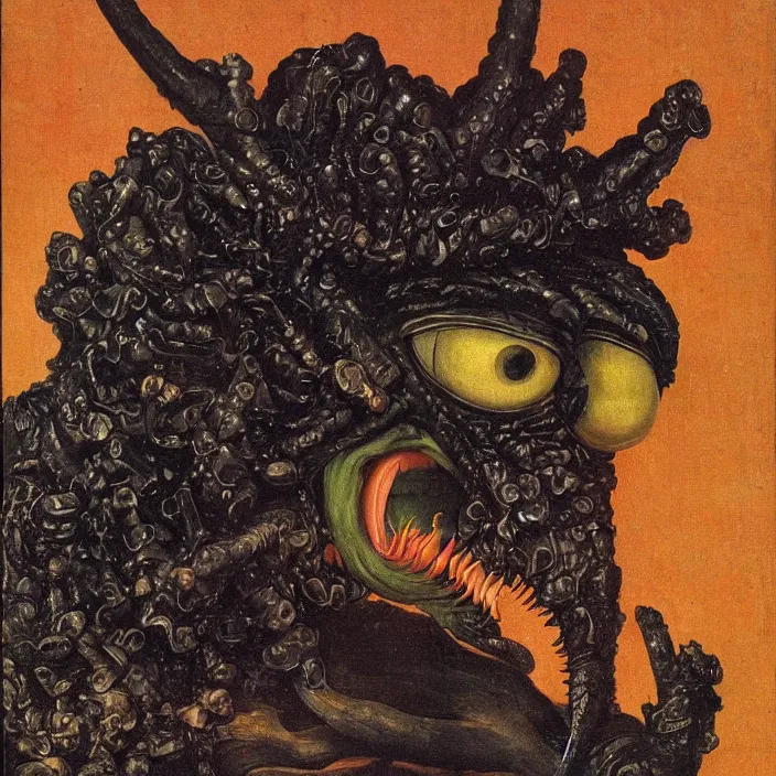 Prompt: close up portrait of a mutant monster creature with giant flaming protruding eyes bulging out of their eye sockets, exotic black orchid - like mouth, insect antennae by jan van eyck, audubon