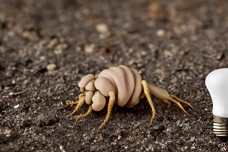 Image similar to a white grub with big scary mandibles and a lightbulb on its tail, high resolution film still, HDR color, 8k