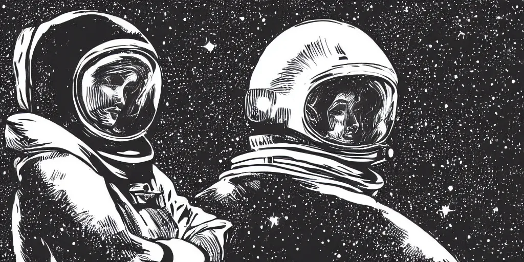 Image similar to etching portrait of a woman wearing a space helmet, scifi, big clouds visible in the background, stars in the sky, high contrast, deep black tones, depth of field, smudges