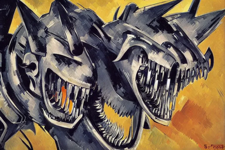 Image similar to face of a ferocious bionic werewolf robot with sharp teeth by Paul Cezanne by Syd Mead
