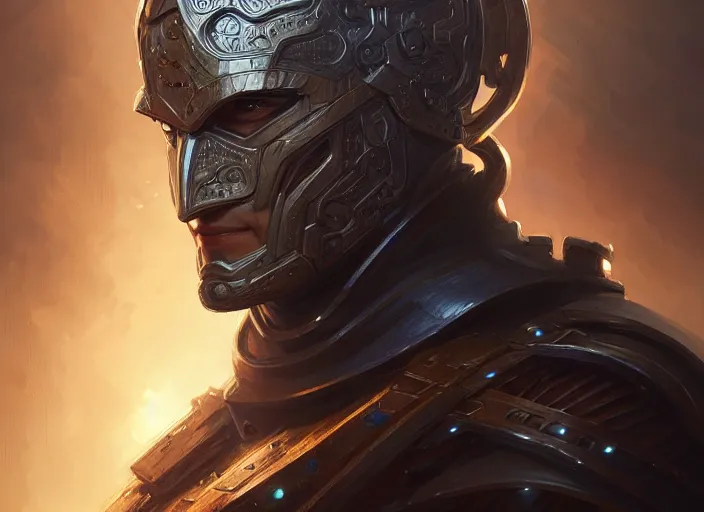 Image similar to portrait of a bonus head software man superhero man, d & d, armour! fantasy, intricate, elegant, highly detailed, digital painting, artstation, concept art, smooth, sharp focus, illustration, art by artgerm and greg rutkowski and alphonse mucha