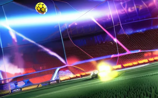 Image similar to rocket league goal, ball exploding, dramatic lighting, moody lighting, 4 k, hq, octane render, dynamic angle.