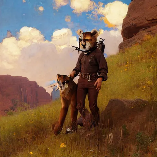 Image similar to wild west portrait of furry anthro anthropomorphic mountain lion head animal person fursona wearing clothes in the valley, sunny day, digital art by Nerdrum John, William Waterhouse, Winslow Homer, Alex Heywood, Jordan Grimmer, Darren Quach, Greg Rutkowski, Simon Stalenhag, trending on Artstation, CGSociety