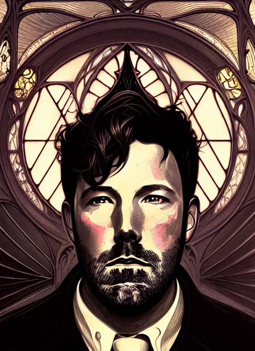 Image similar to portrait of ben affleck, volumetric lights, feast, music notes, art nouveau botanicals, gothic, intricate, highly detailed, digital painting, artstation, concept art, smooth, sharp focus, symmetric face, illustration, steampunk, art by artgerm and greg rutkowski and alphonse mucha