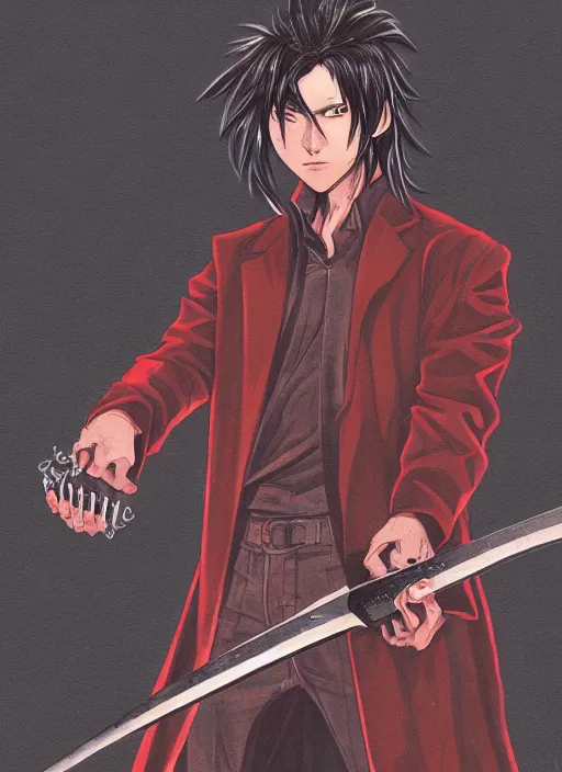Image similar to illustration by tatsuki fujimoto of a handsome male vampire, long black hair, glowing red eyes, light brown coat, chainsaw sword