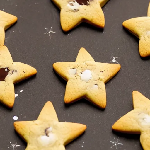 Image similar to close view of a 5 pointed star shaped chocolate chip cookie, warm dim light